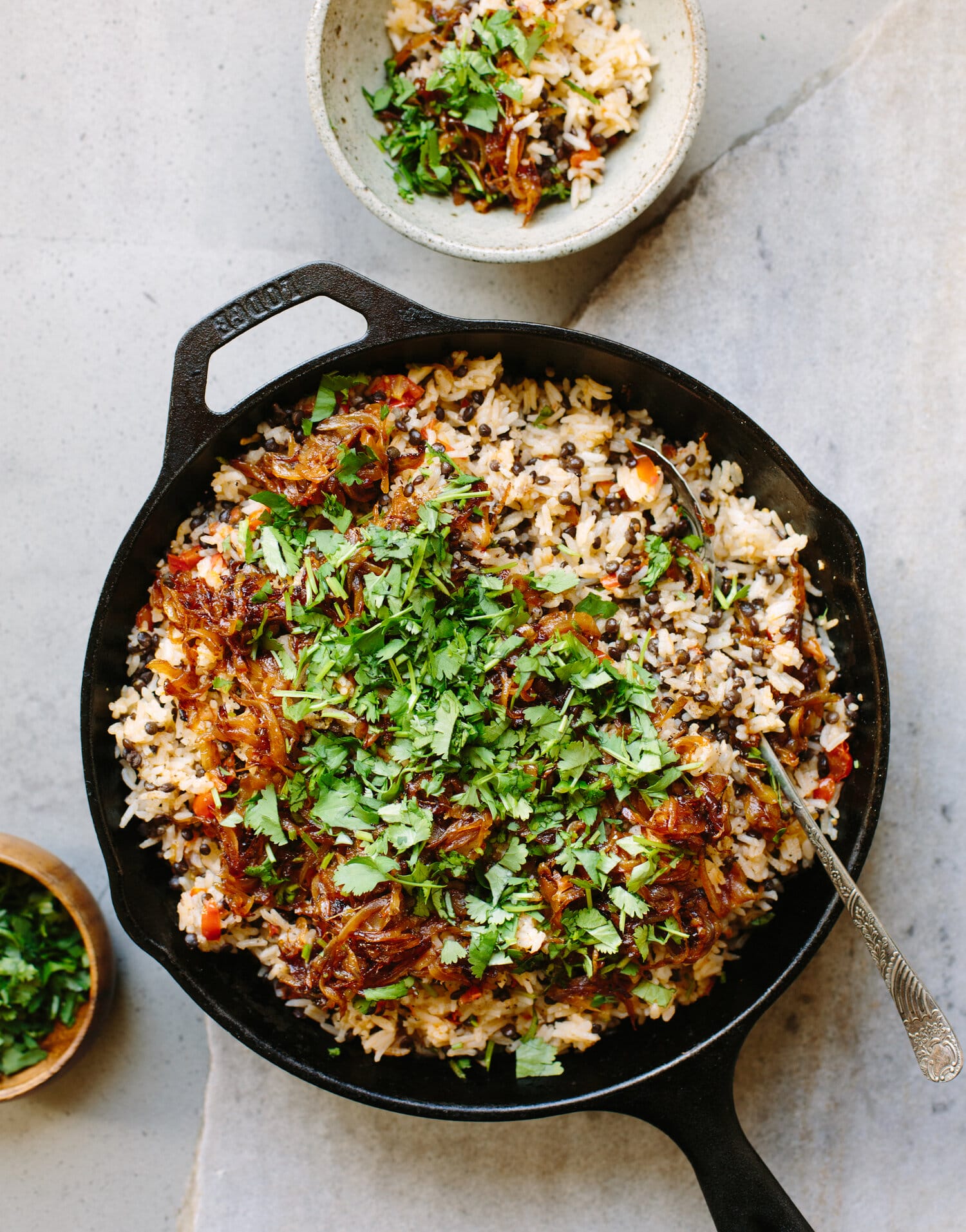 Tomato Pilaf with Black Lentils and Caramelised onion