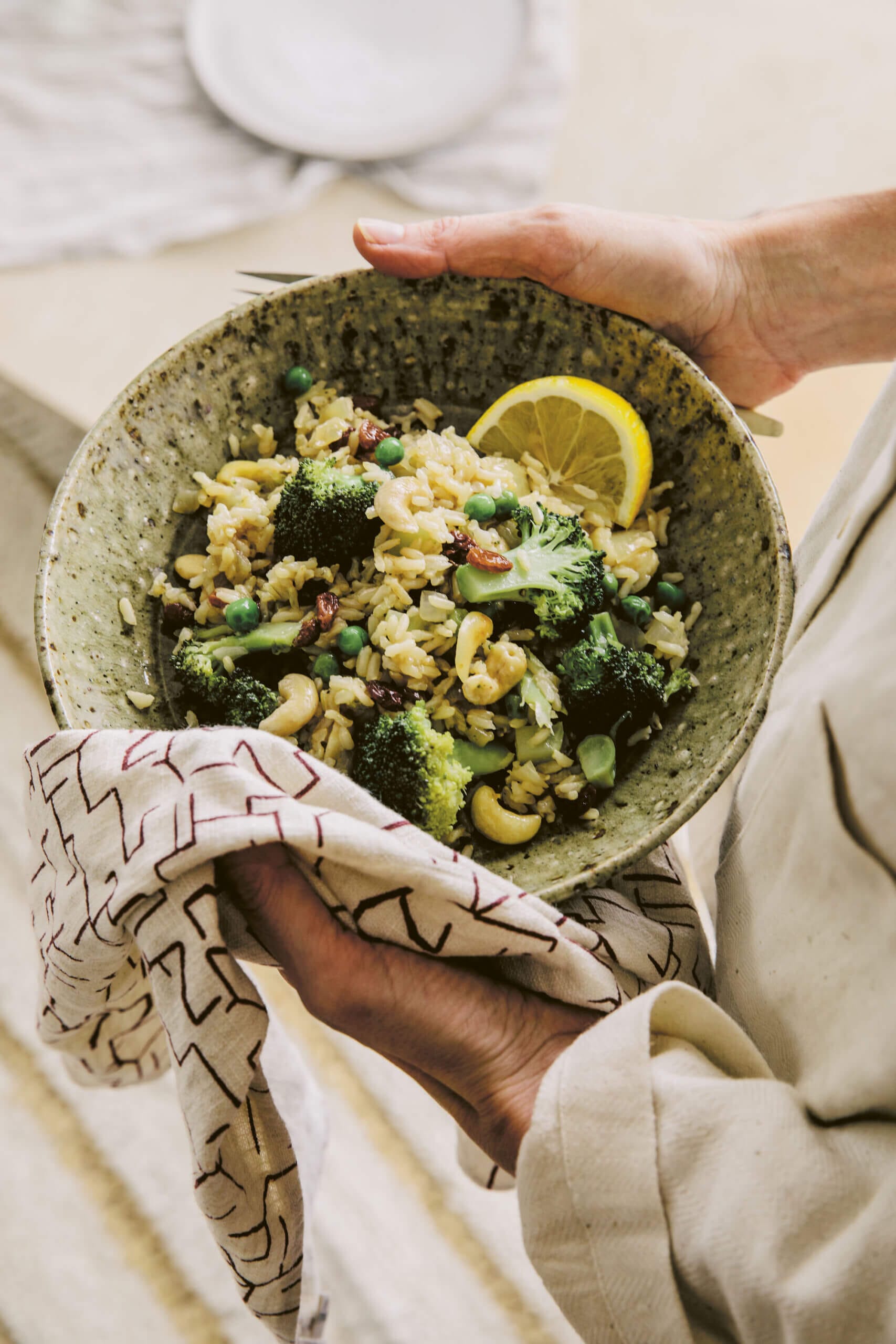 Lemony-Broccoli-Pea-and-Ginger-Brown-Rice-with-Toasted-Cashews-and-Sticky-Sultanas