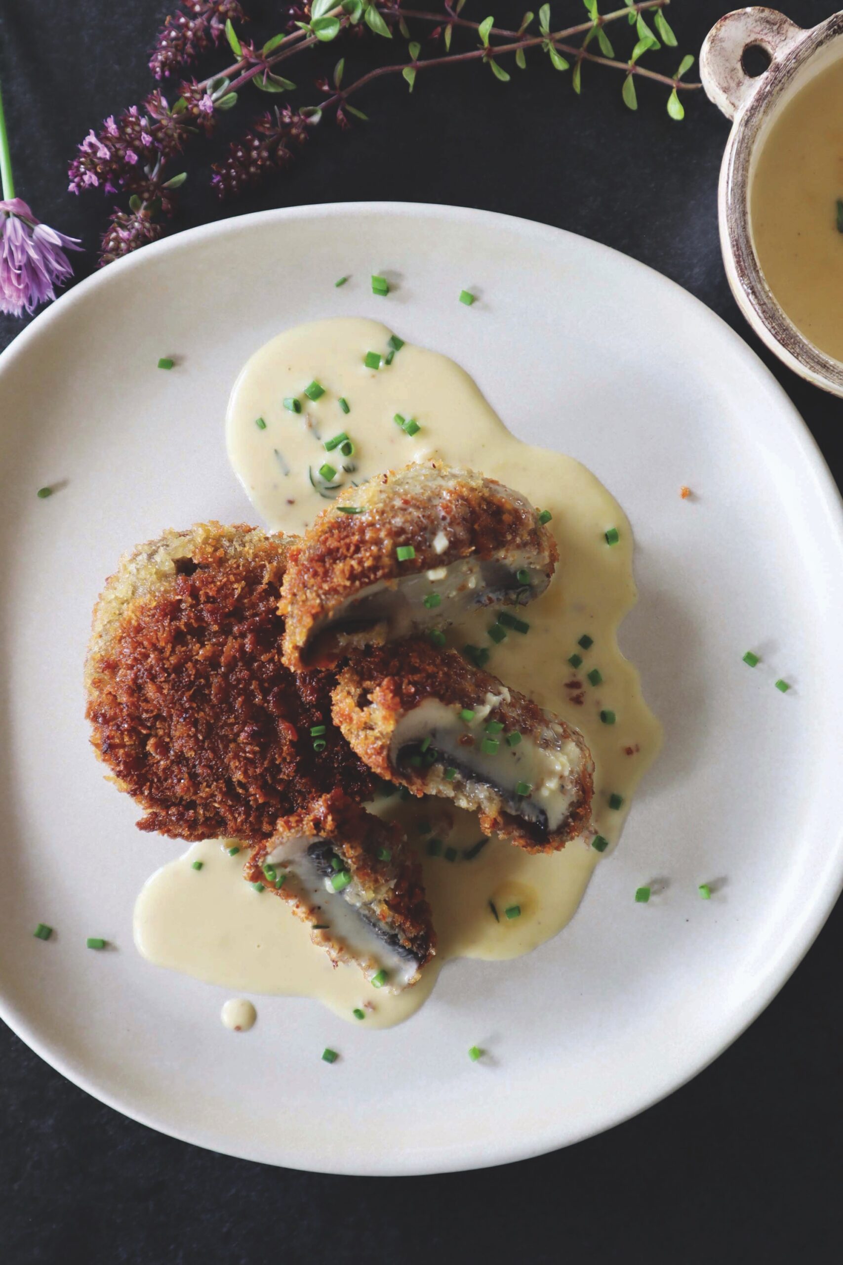 Crumbed mushrooms with sherry sauce. Comfort Cooking by Wendy Morgan