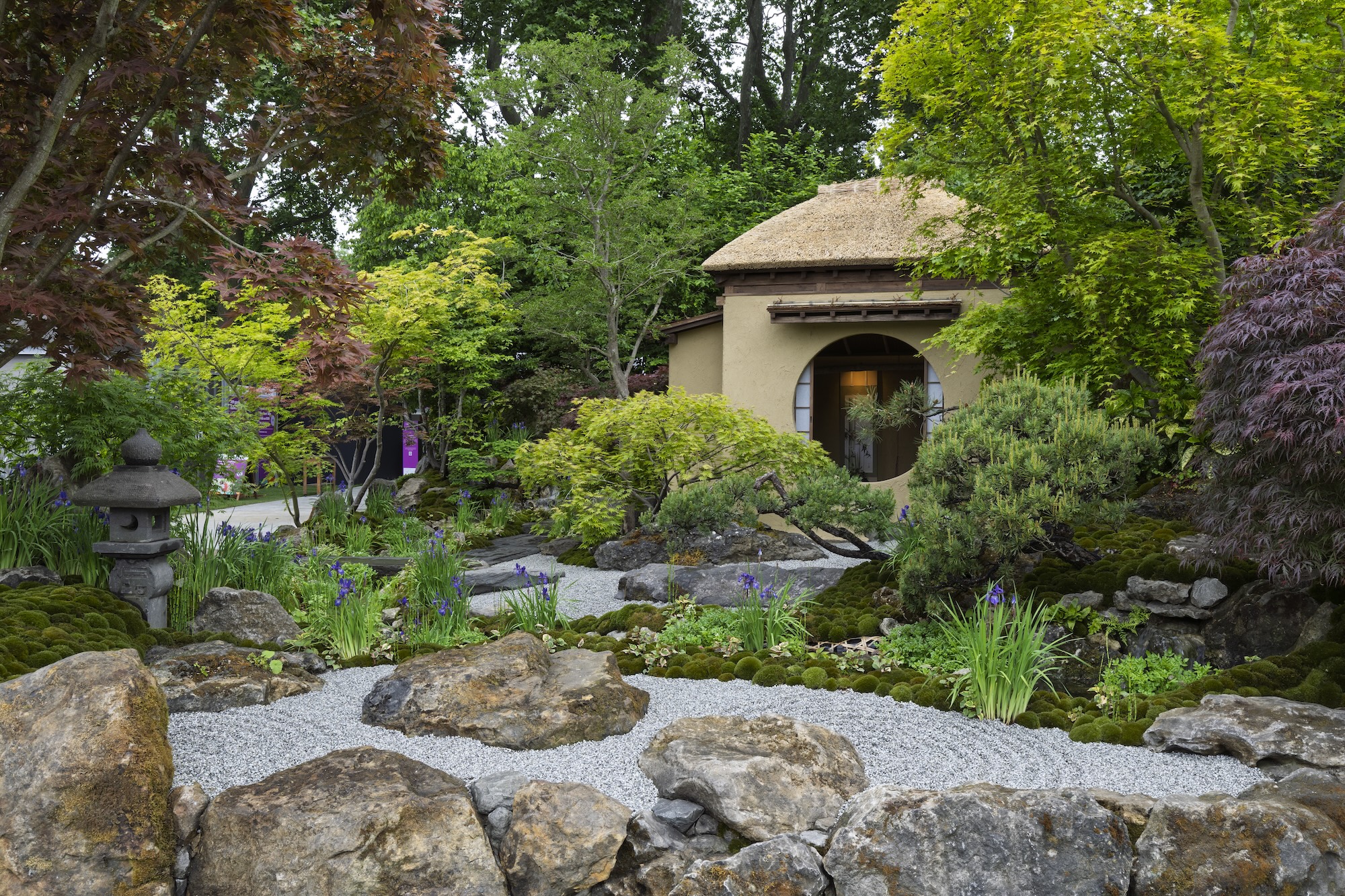 Stone path leading to a rustic Japanese tea pavilion surrounded by greenery