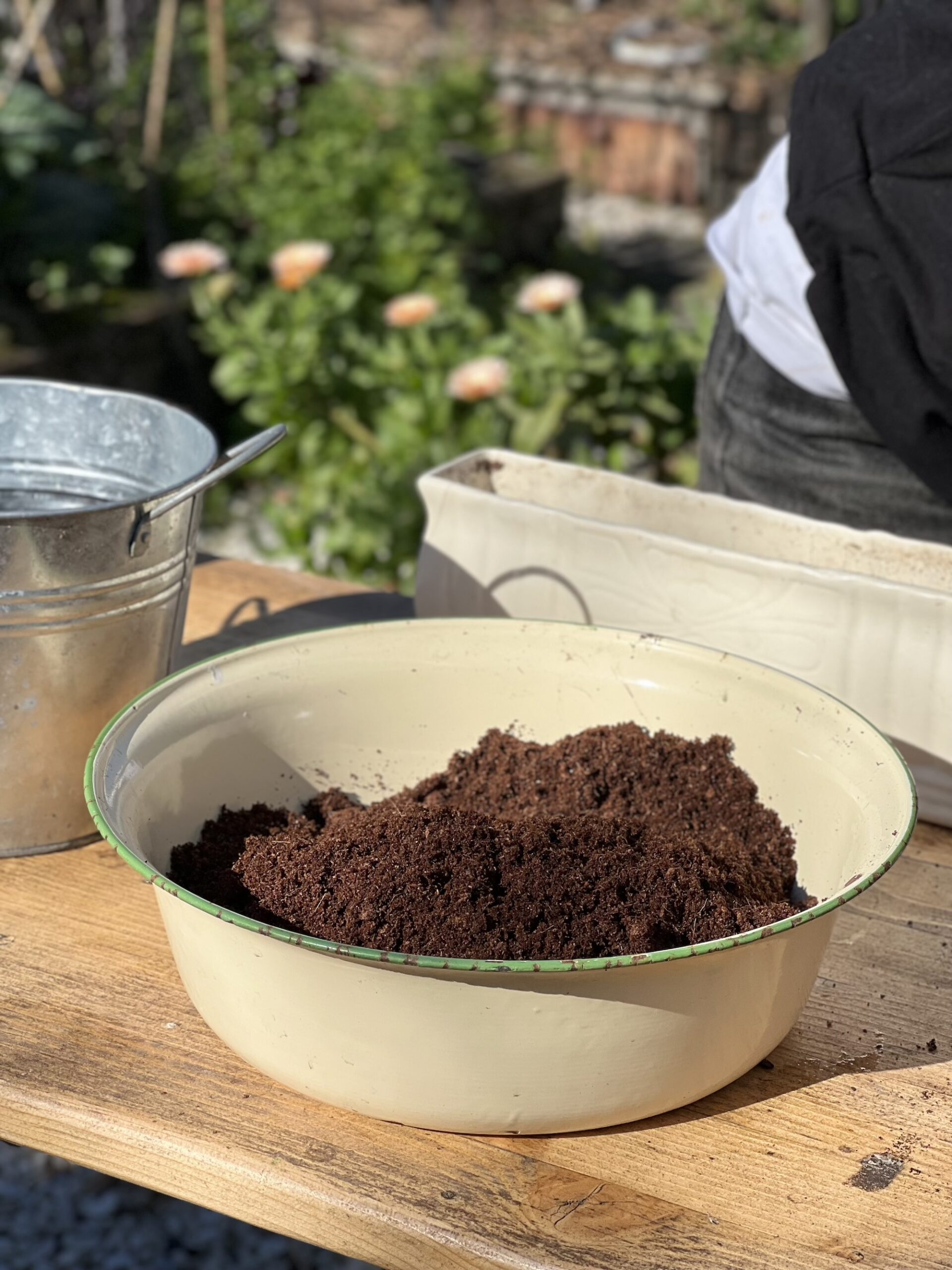 Filling Planter with Organic Soil Hands preparing fresh soil in a bowl to fill herb containers for garden planting
