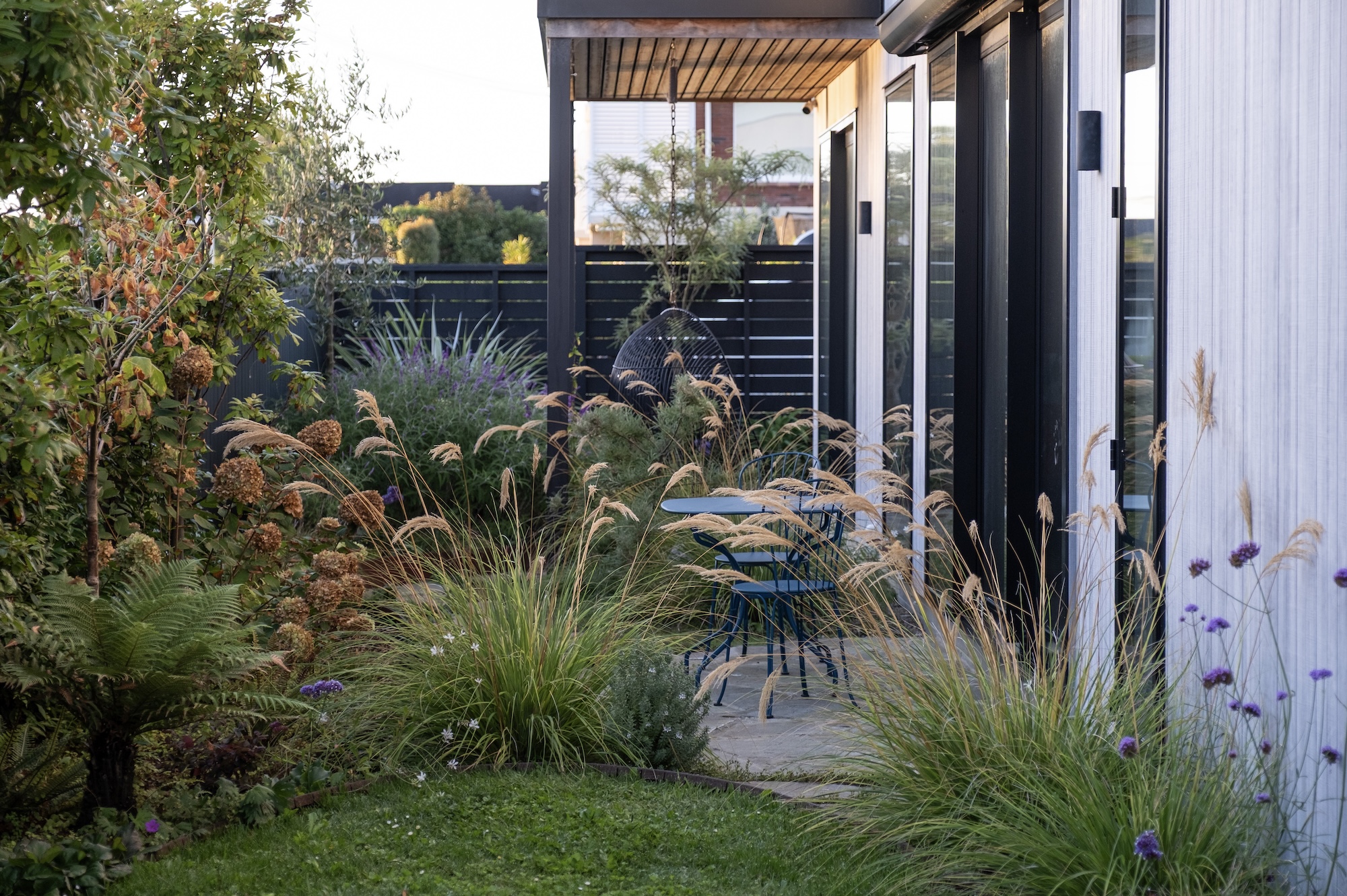 Lush planting beside a contemporary building with layered greenery