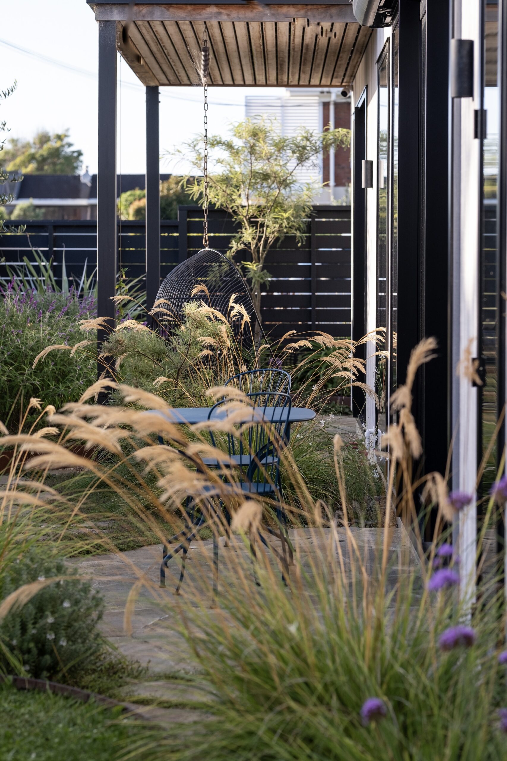 Ornamental grasses catching light in a narrow garden path