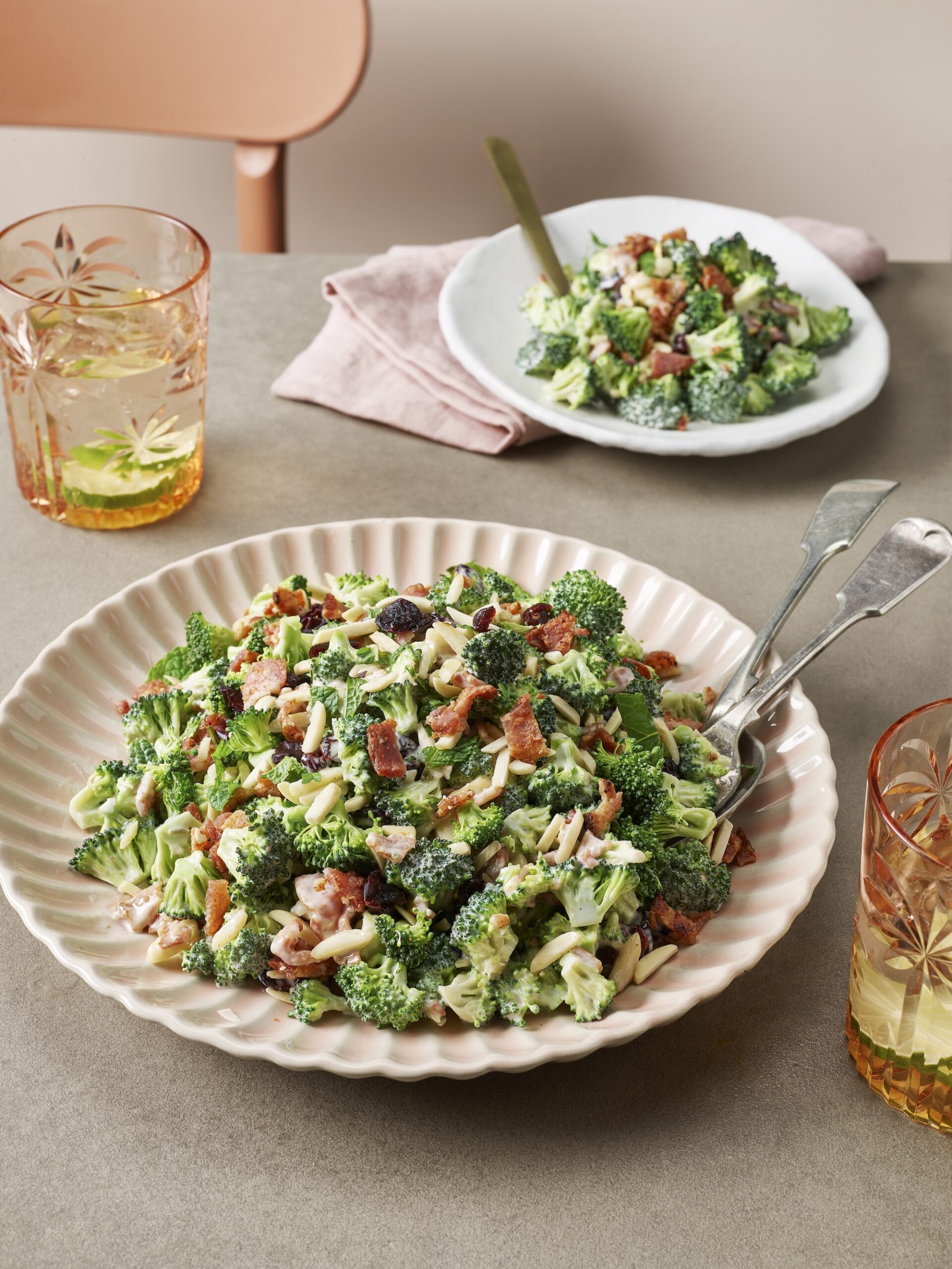 Creamy broccoli salad in a textured ceramic bowl – quick, delicious, and family-friendly side dish recipe