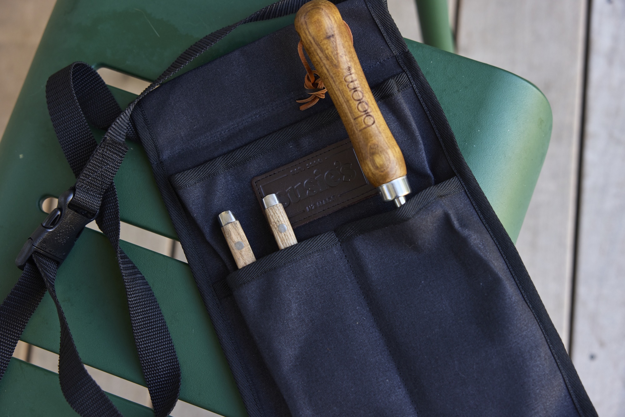 Susie’s Bags navy gardeners bag with chisels and woodworking tools