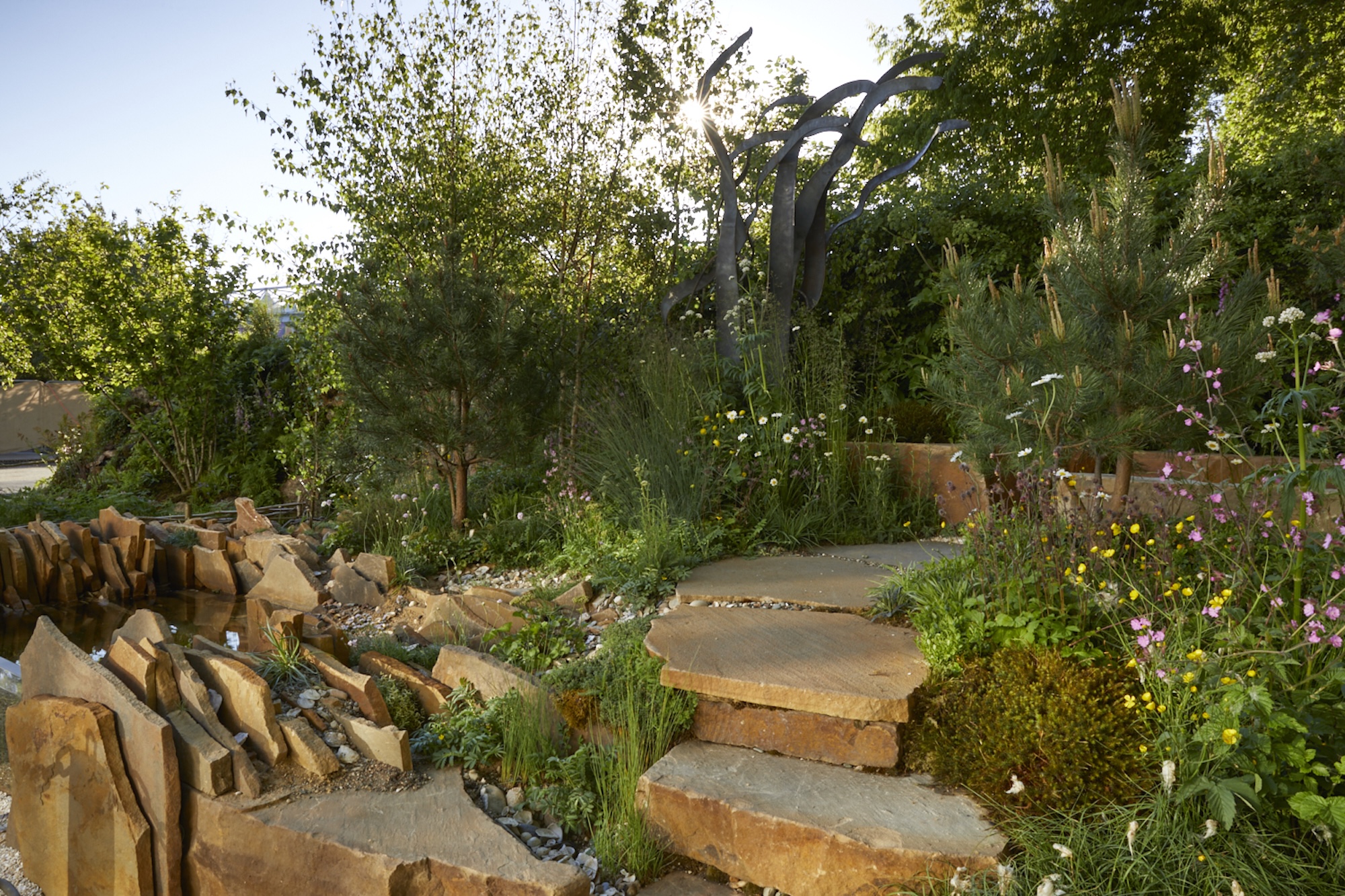 Curved stone garden path surrounded by wildflowers and shrubs – naturalistic design by MUSA Landscapes