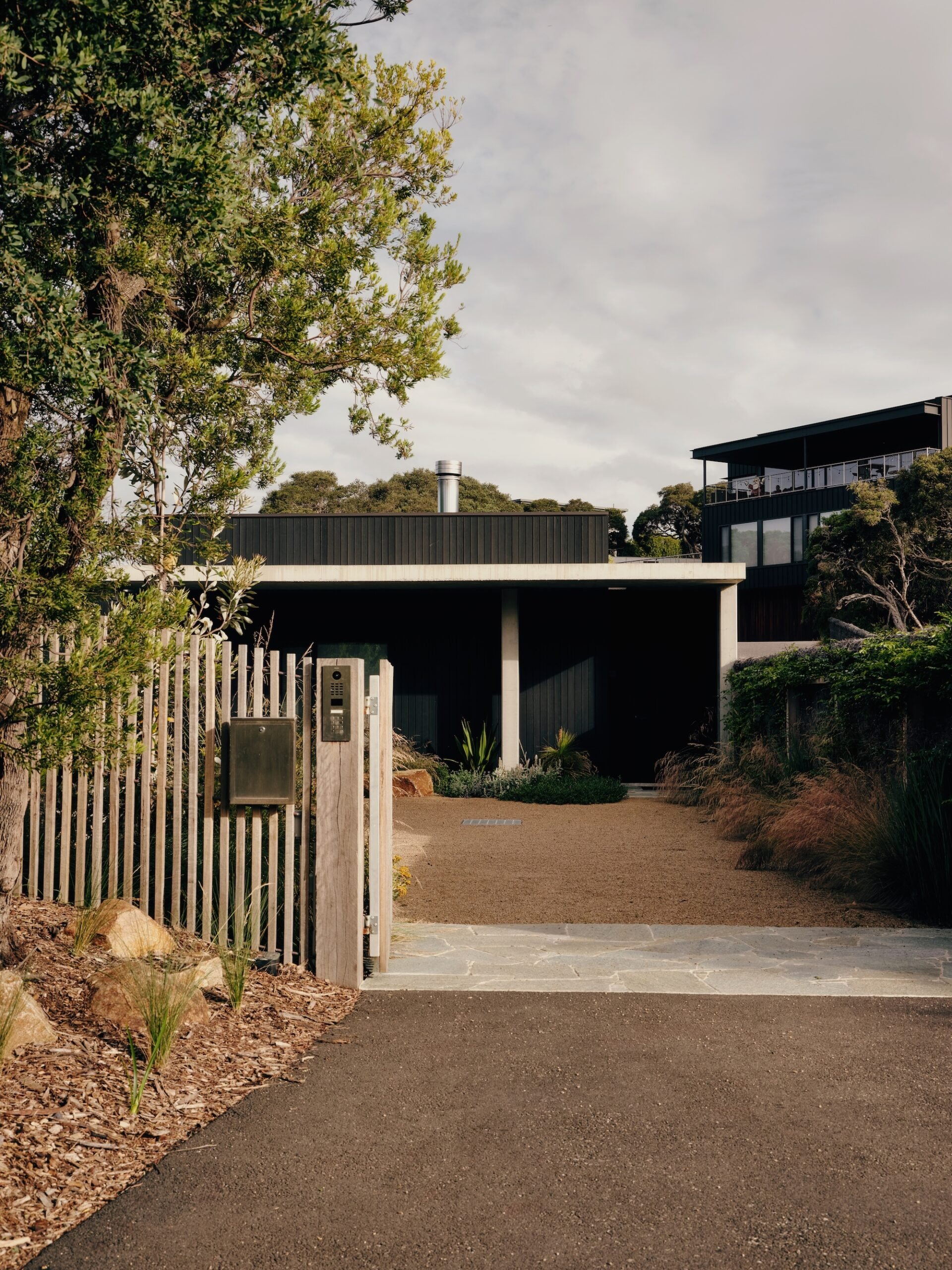 Garden entrance with timber gate and layered green planting for privacy