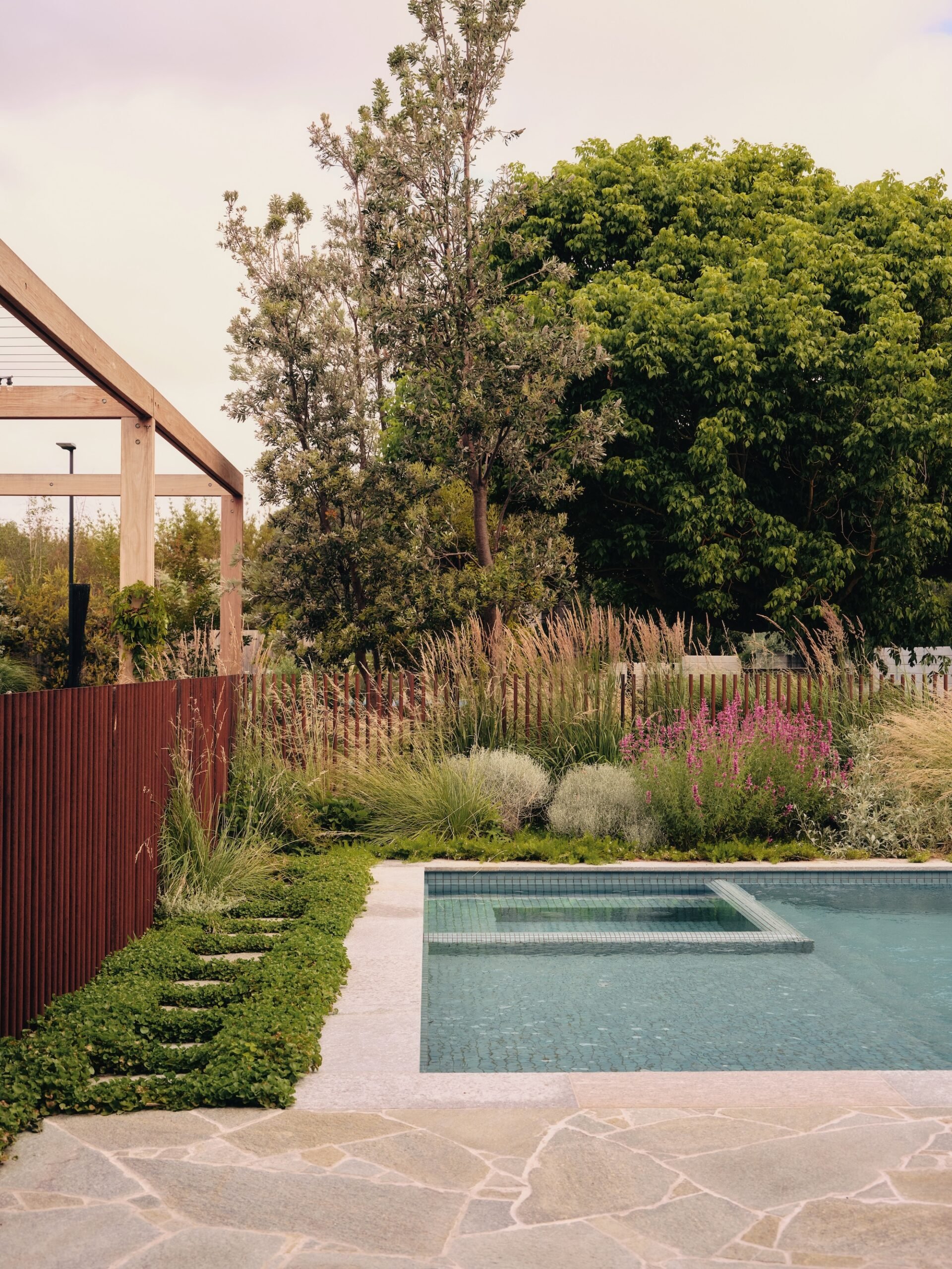 Modern poolside garden with layered planting and timber fencing for a natural retreat