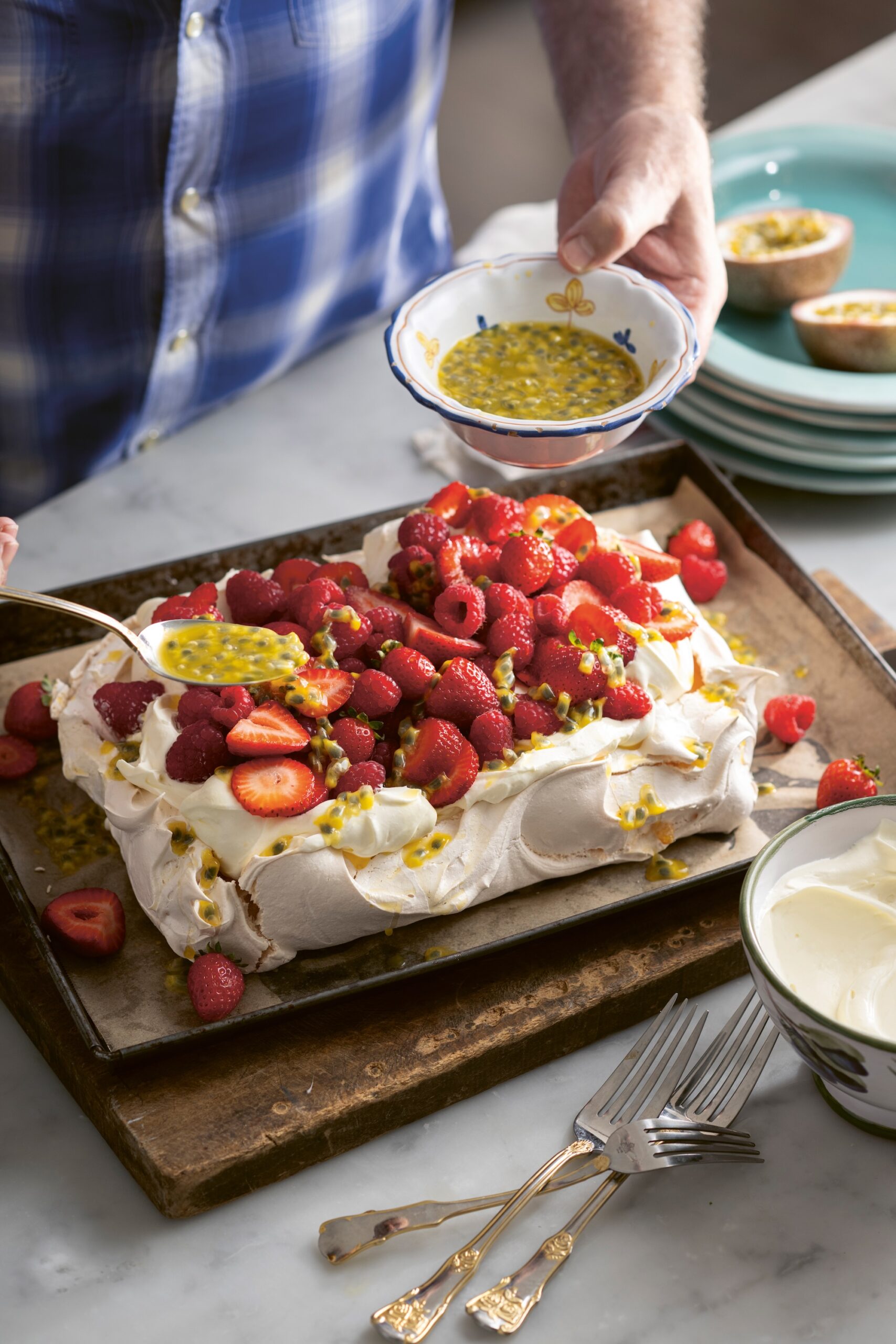 Pavlova with summer berry topping from Jane & Jimmy Barnes recipe book ‘Seasons Where the River Bends’