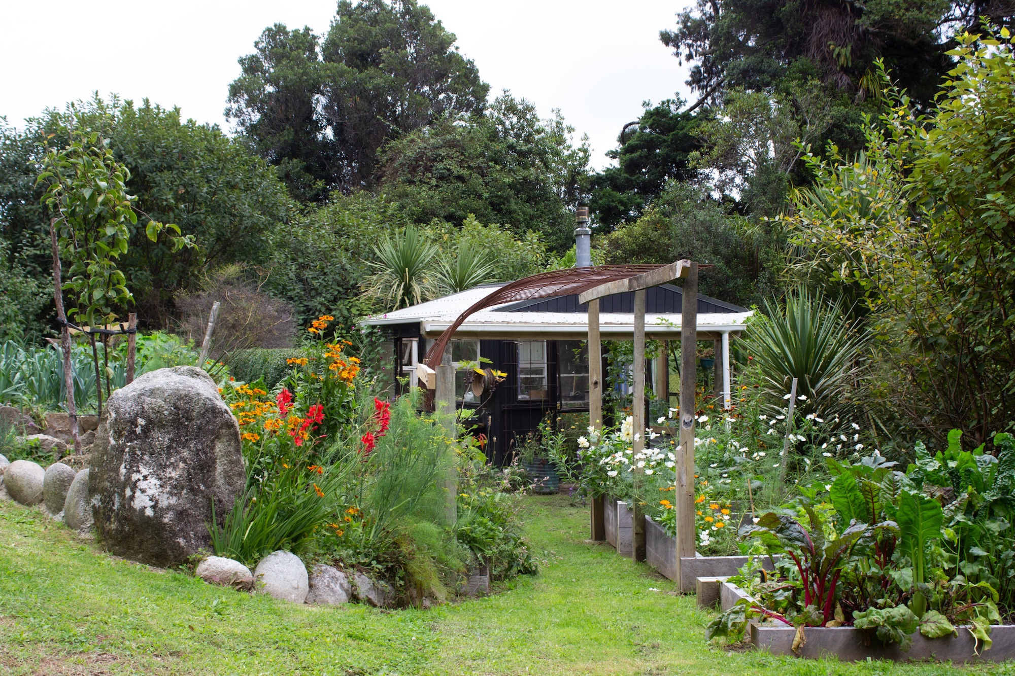 View of potagers, seedling house and bush beyond J
