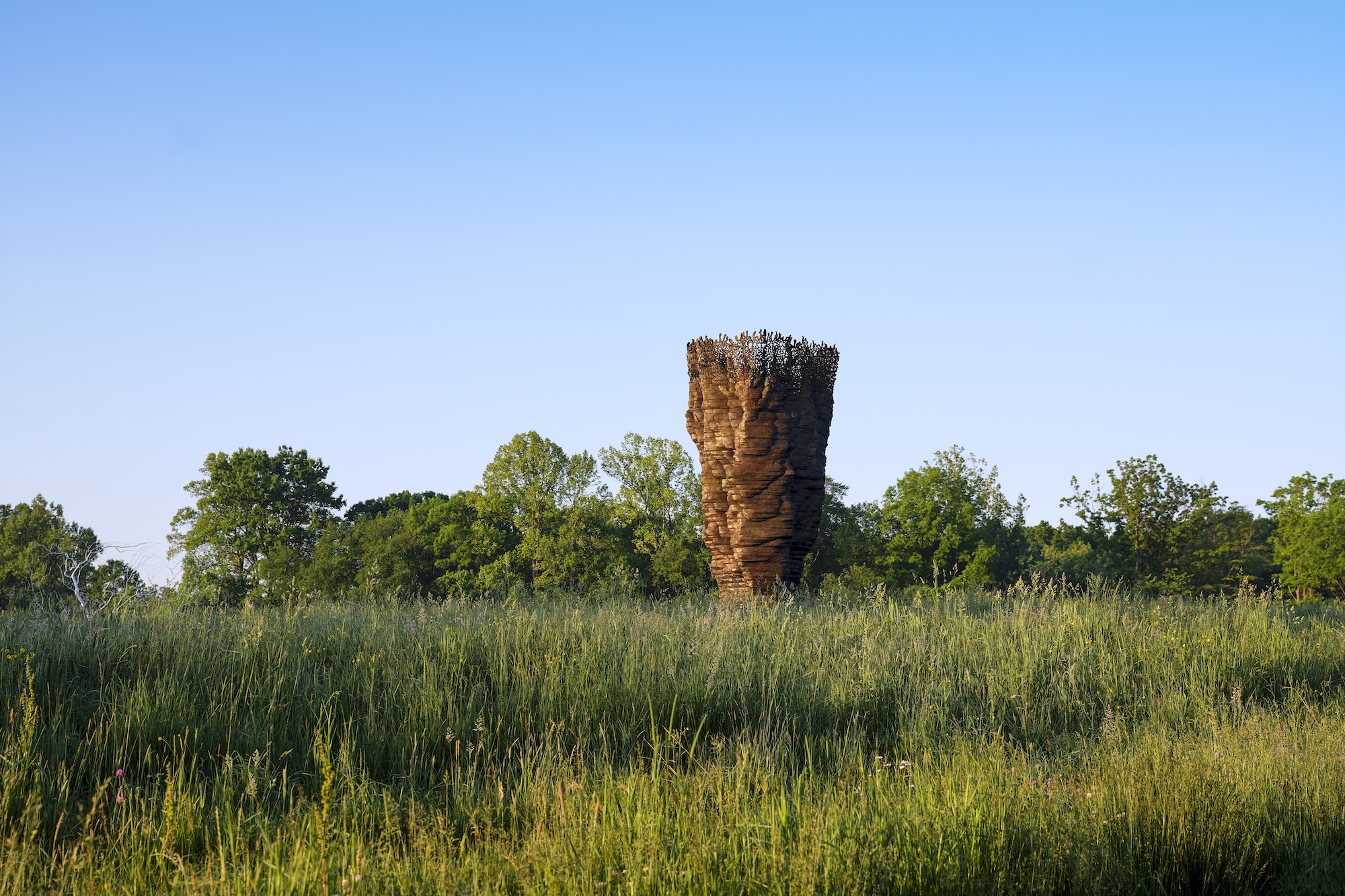 Vertical timber installation within Rowdy Meadows landscape, Ohio, by Reed Hilderbrand