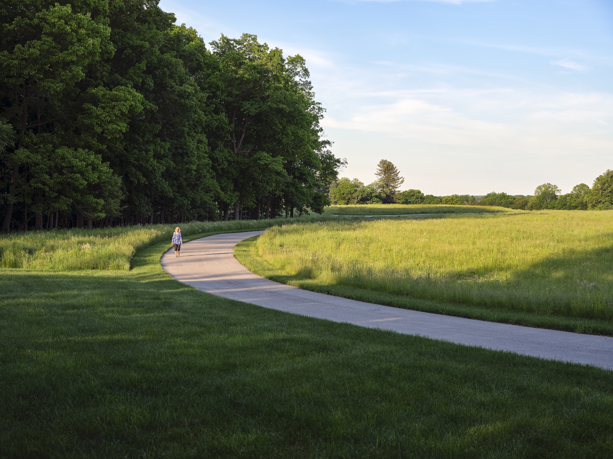 Sweeping paved drive through open landscape at Rowdy Meadows, Ohio