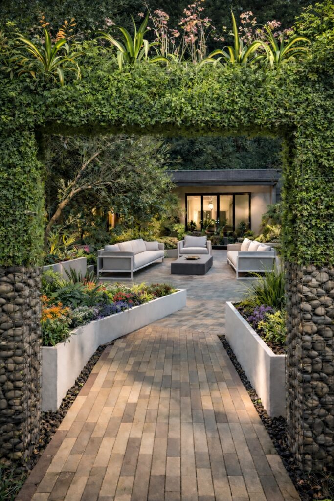 A contemporary gabion arch way entrance through the garden-California. Designed by Iftikhar Ahmed