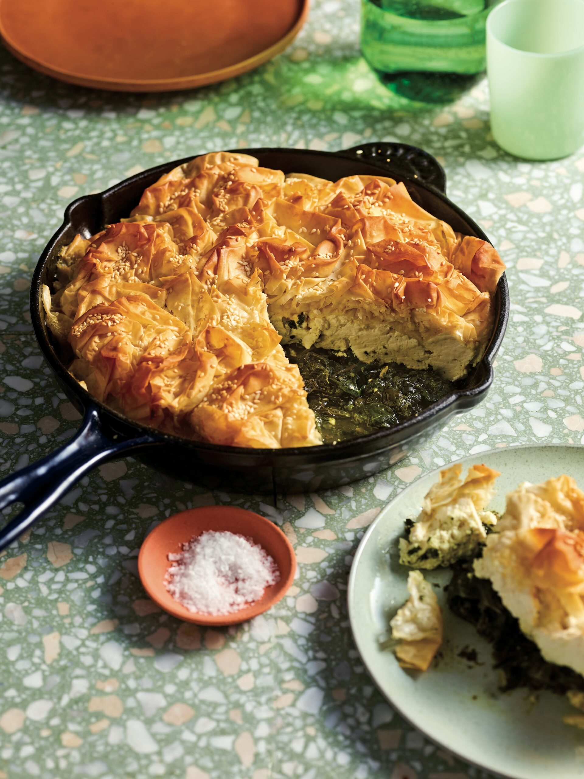 Filo crinkle piewith greens, ricotta & lemon