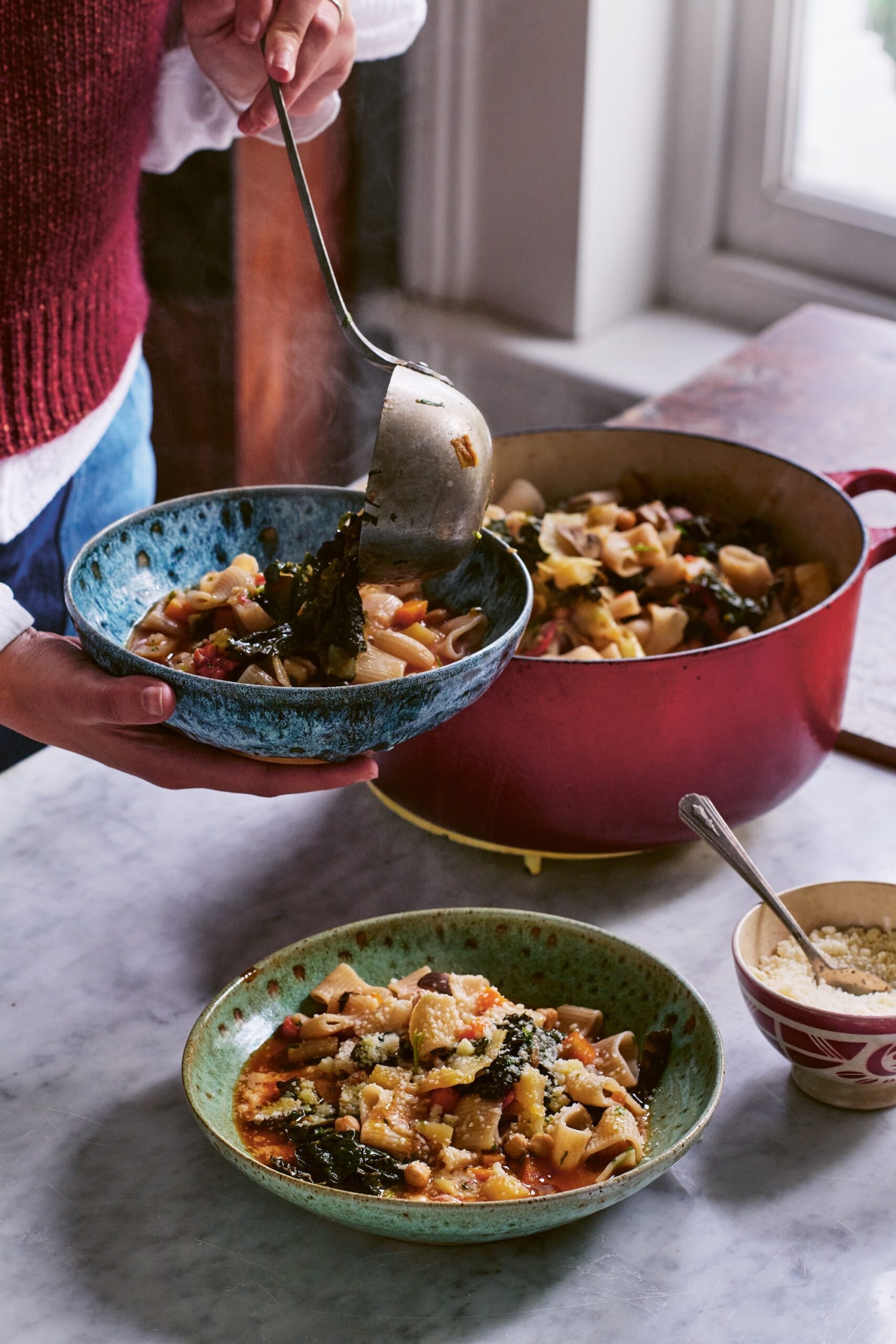 Service veggie rigatoni pasta straight from the dish