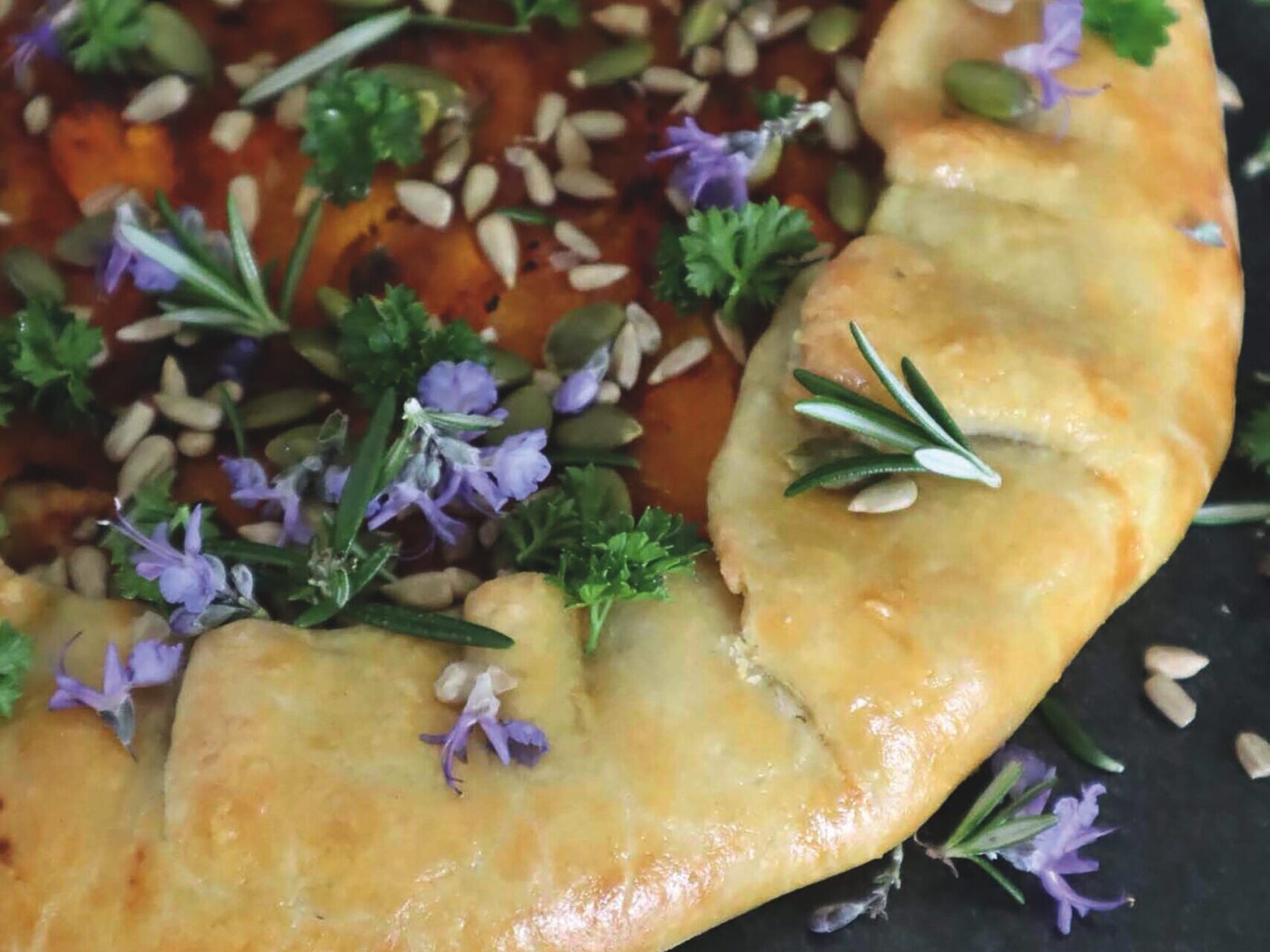 Pumpkin crostata served with seeds and rosemary - recipe by Wendy Morgan