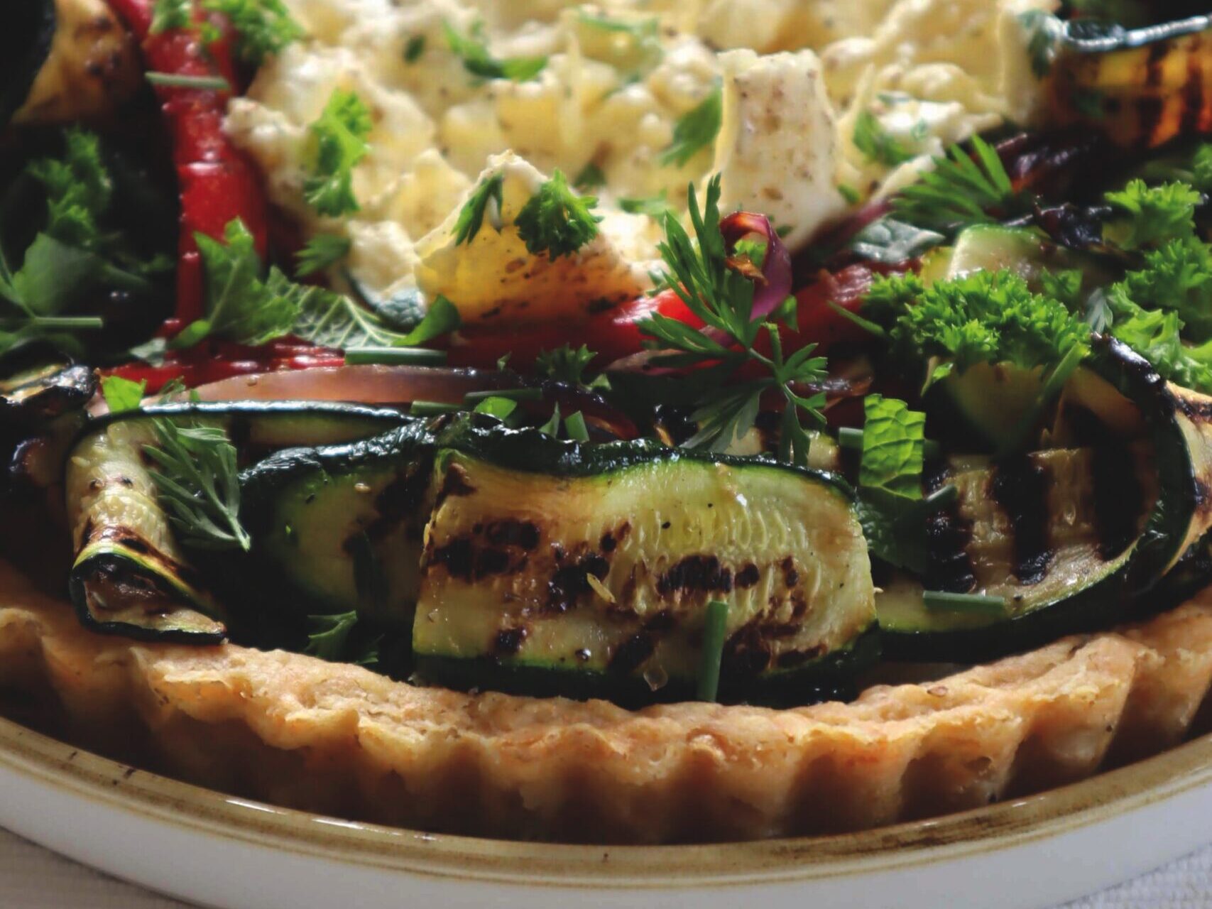 Roast Vegetable Tart served with Burrata cheese - recipe by Wendy Morgan